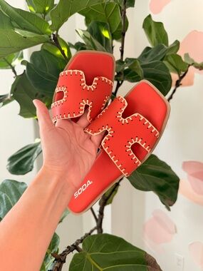 Soda Red Slide Sandals with Contrast Whipstitch